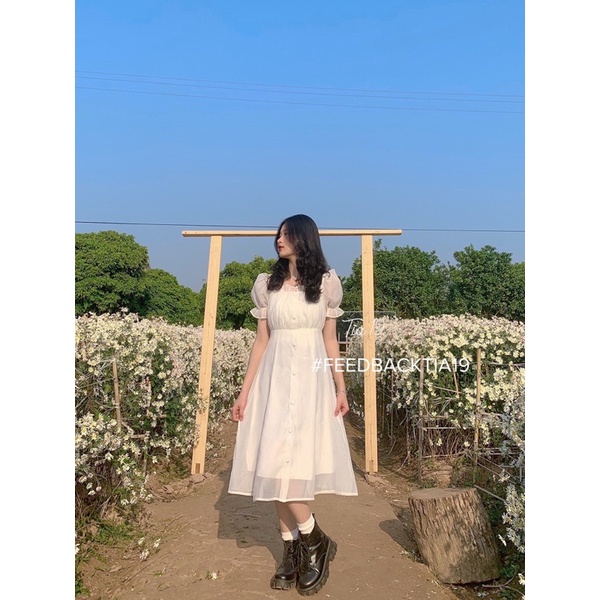 Váy trắng babydoll cúc dáng xoè ulzzang Tia19. Đầm cổ vuông tiểu thư trễ vai dự tiệc voan (Ảnh Thật) | BigBuy360 - bigbuy360.vn