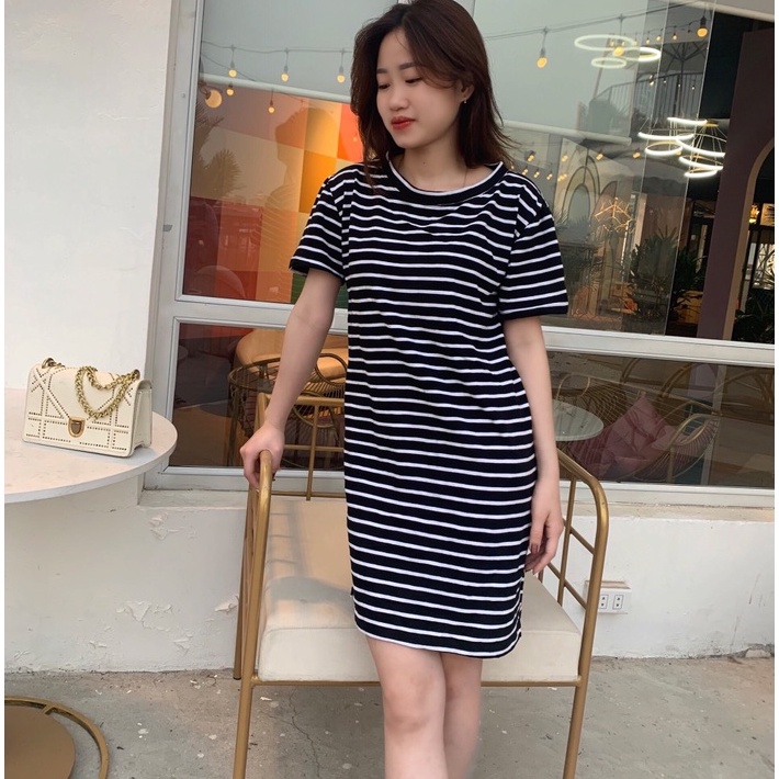 Đầm Kẻ Sọc Ngắn Tay Suông Rộng Cổ Tròn Đen Trắng Xẻ Tà Chất Cotton Thoáng Mát Váy suông kẻ Alala
