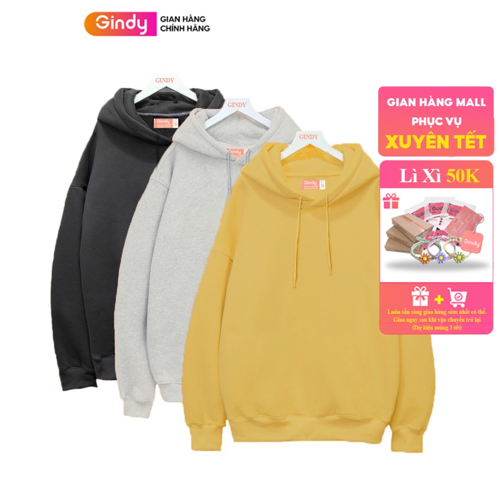 Áo hoodie nỉ bông trơn dài tay nhiều màu dày dặn GINDY sweater có mũ basic unisex thời trang thu đông A12107