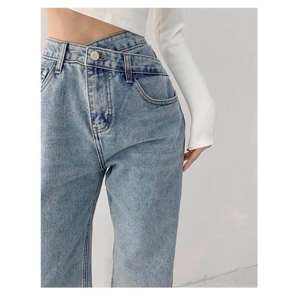 💋💋Quần bò ống rộng nữ [freeship] Quần bò jeans cạp khuy lệch💋 ống suông