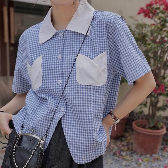 Áo sơ mi IELGY ngắn tay họa tiết sọc caro màu xanh dương phong cách Hàn Quốc cổ điển thời trang cho nữ