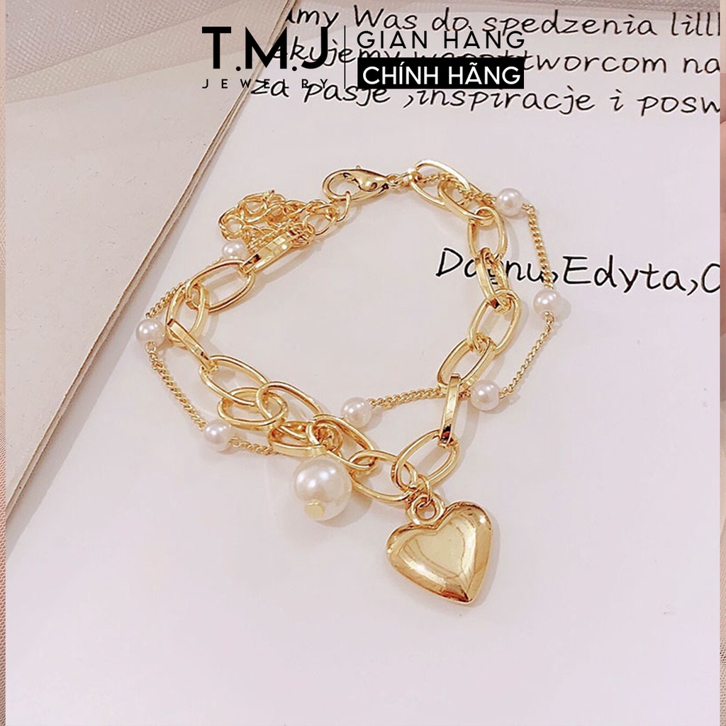 Vòng tay lắc tay nữ TMJ kiểu dáng 2 lớp dây trái tim màu vàng gold phong cách retro Hàn Quốc