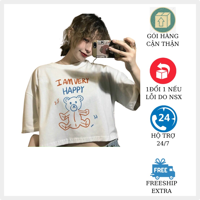 Áo Croptop Gấu Very Happy phong cách Hàn Quốc