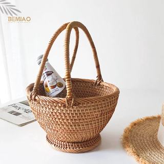 Giỏ mây tre đan có quai xách đi picnic đựng đồ ăn, hoa quả, trang trí nhà Bemiao