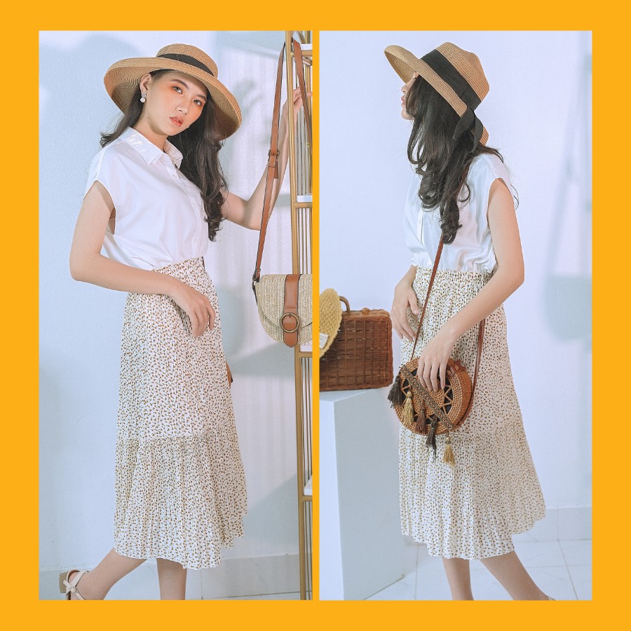 Chân váy hoa nhí dáng dài vintage xếp li 2 tầng nhiều màu hàng cao cấp | BigBuy360 - bigbuy360.vn