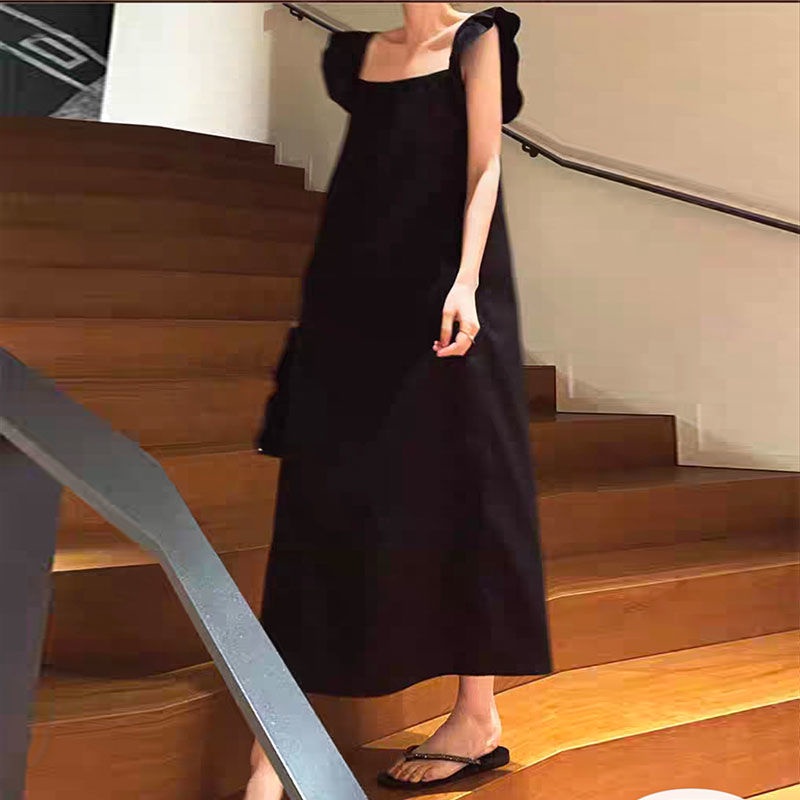 Đầm Không Tay Cổ Vuông Màu Đen Dáng Rộng Phong Cách Thời Trang Mùa Hè Pháp 2022