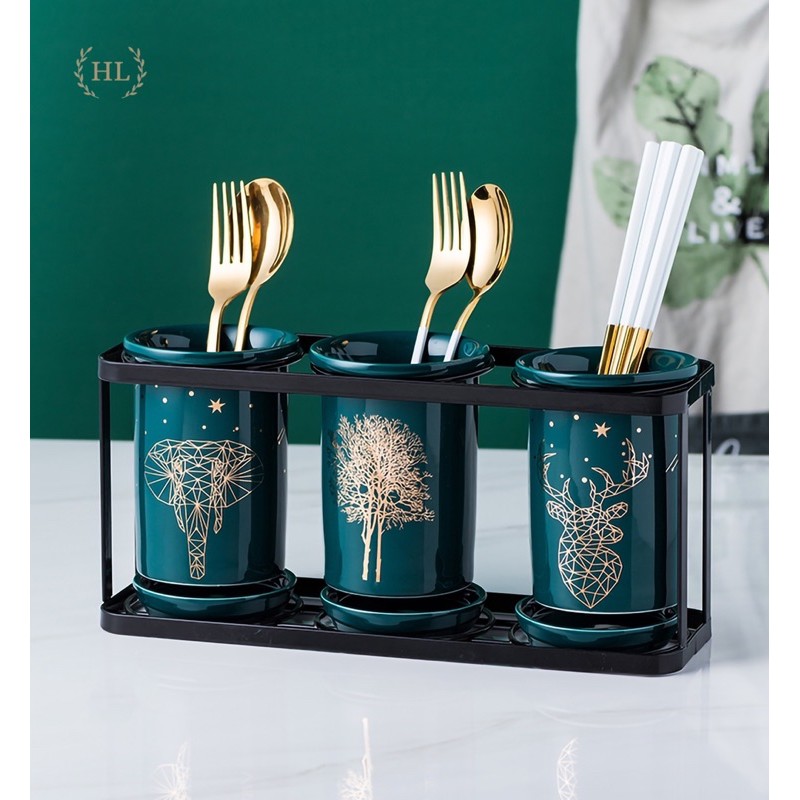 Sản phẩm ống đũa sứ 3 Xanh cổ vịt phong cách Bắc Âu - Hoạ tiết vàng kim - Khung thép