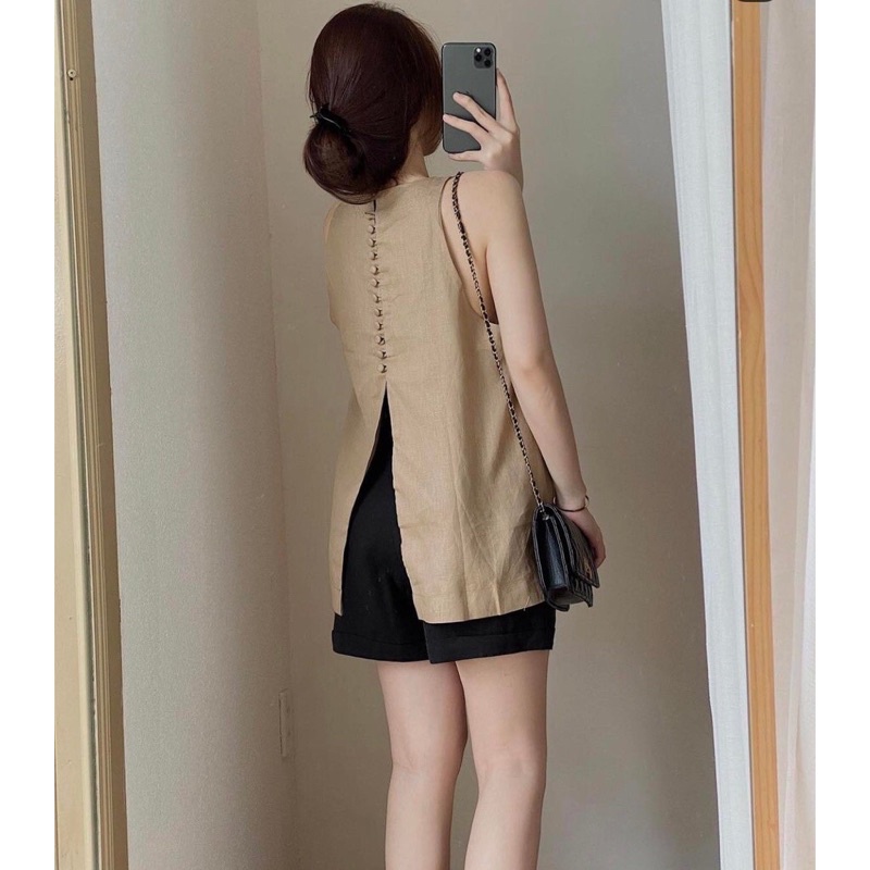 Áo Yếm JIJI TOP thiết kế form A chi tiết nút bọc và phần xẻ lưng quyến rũ màu đen chất linen