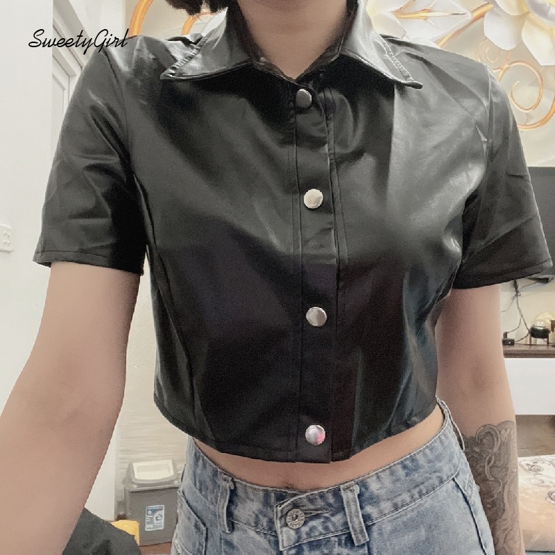 Áo Sơ Mi Tay Ngắn Cổ Bẻ Cài Nút Chất Liệu Da PU Dáng Ôm Màu Trơn Thời Trang Cho Nữ