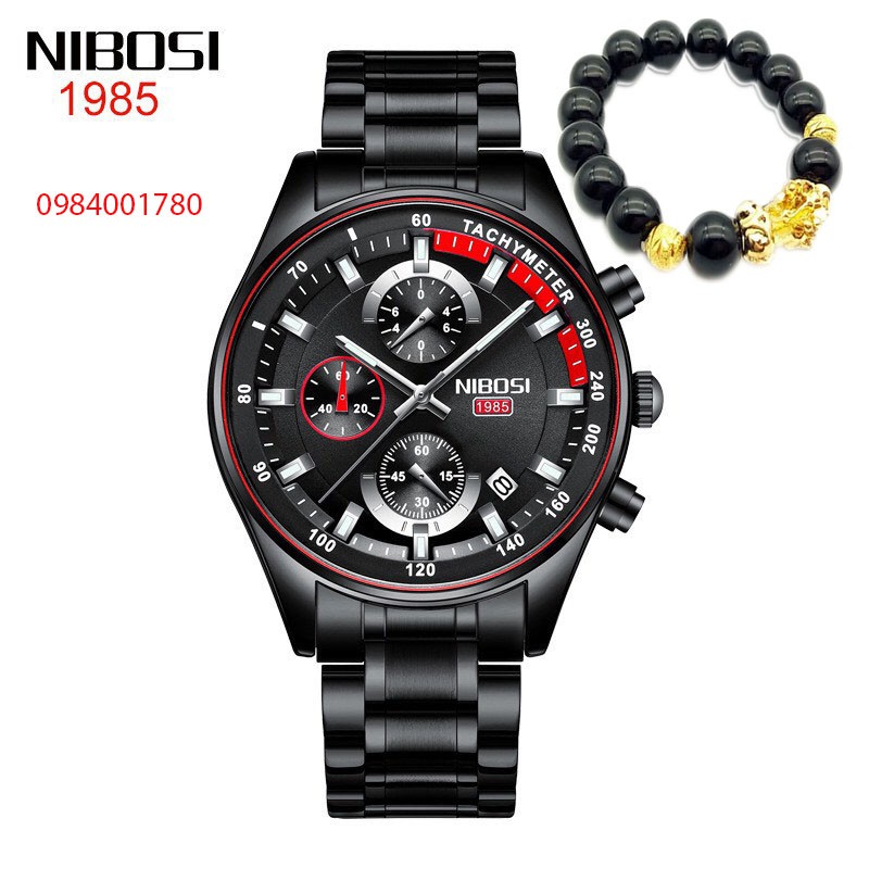 Đồng hồ nam Nibosi NI 2327 màu đen, chống nước, chạy full 6 kim
