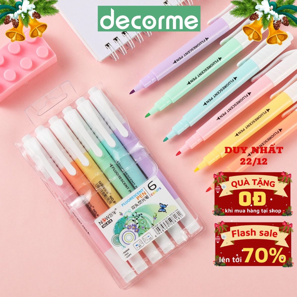 Bút highlight pastel 2 đầu DecorMe bút nhớ trang trí sổ bản dupe Stabilo set 6 bút