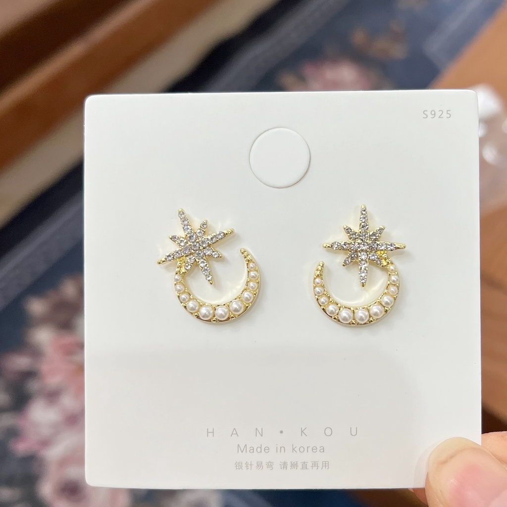 Bông tai bạc S925 Hoa tai kiểu dáng mặt trăng và ngôi sao không gây dị ứng da thời trang Hàn Quốc, Lemi accessories