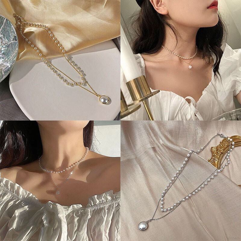 Set Dây Chuyền &amp; Lắc Tay Nữ Layer 2 Lớp Đính Ngọc Trai Nhân Tạo/ Vòng Cổ Vòng Tay Nữ 2 Dây Xinh Xắn