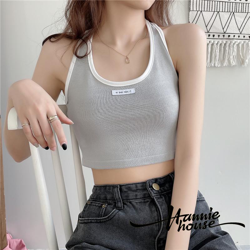 Áo hai dây dáng ngắn in họa tiết chữ thời trang đơn giản cho nữ