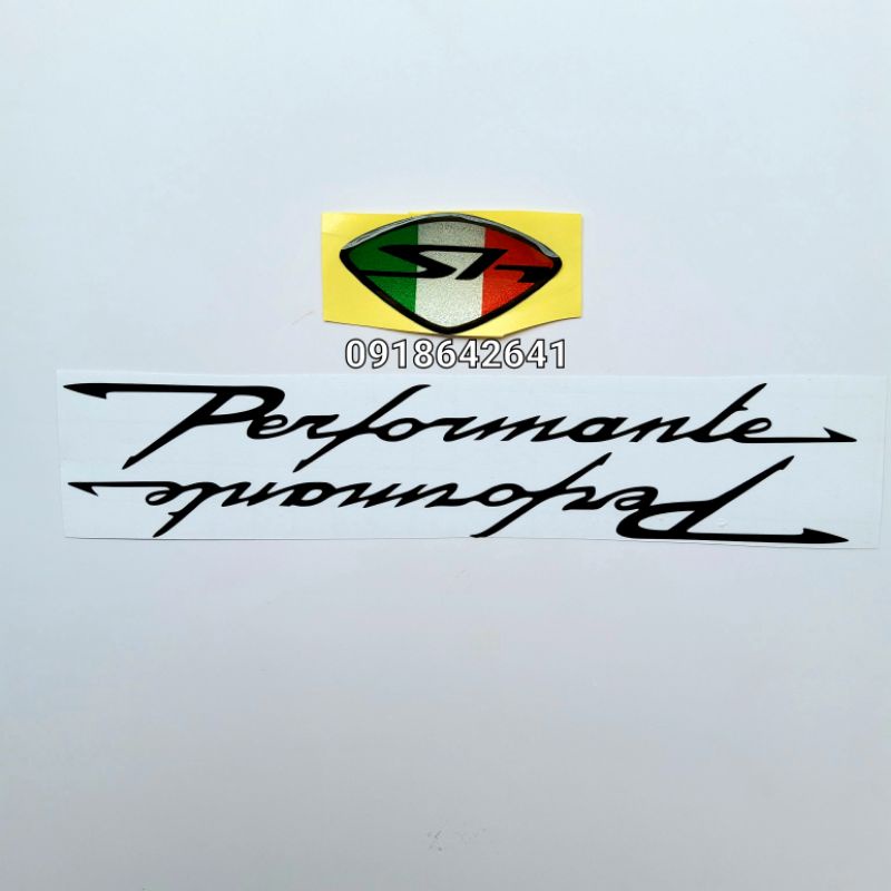 Combo tem chữ performante chìm đi kèm logo mặt nạ Sh