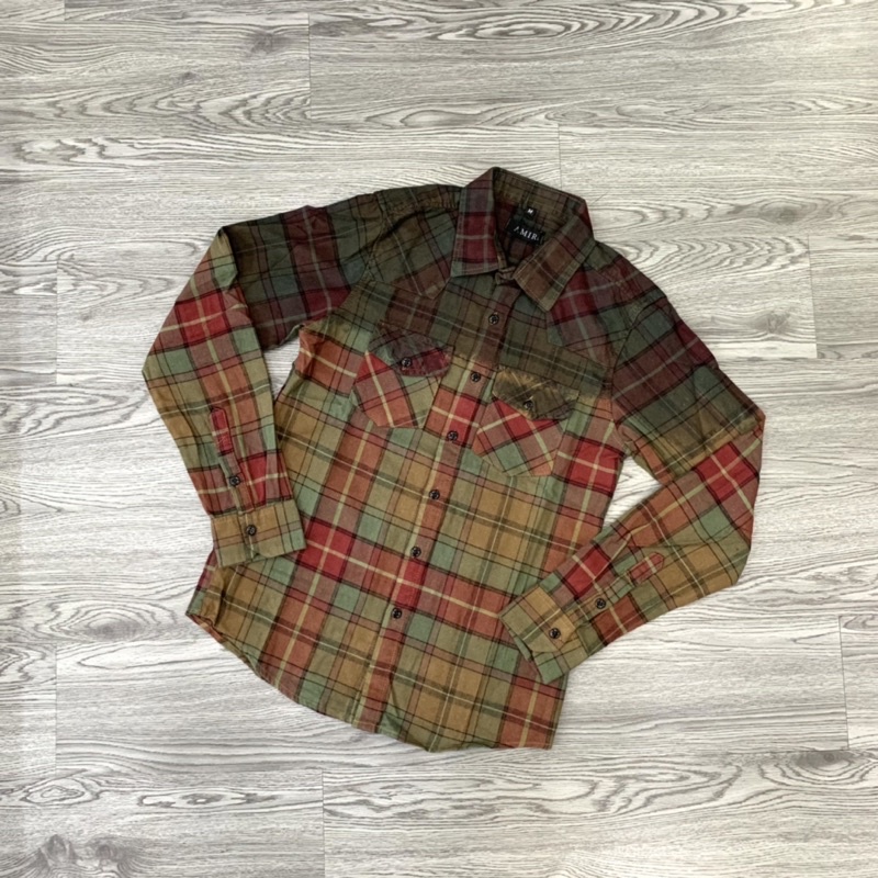 Áo sơ mi kiểu nam nữ Amiri dài tay kẻ đỏ xanh/ nâu nhúng pha màu đen nhạt chất cotton dày dặn cao cấp SM26P