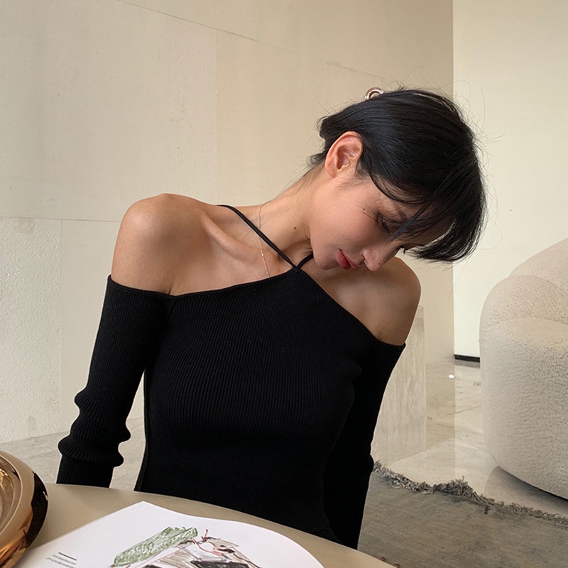 Xiaozhainv Áo Croptop Hở Vai Tay Dài Màu Trơn Thời Trang Gợi Cảm Cho Nữ