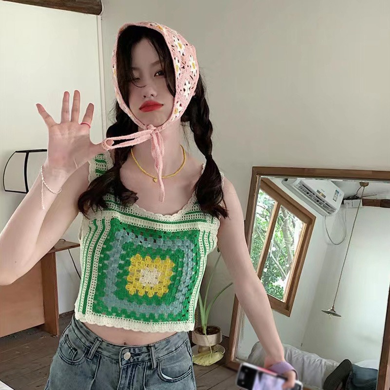 Áo Croptop Dệt Kim Không Tay Màu Sắc Tương Phản Phong Cách Hàn Quốc Thời Trang Mùa Hè Cho Nữ