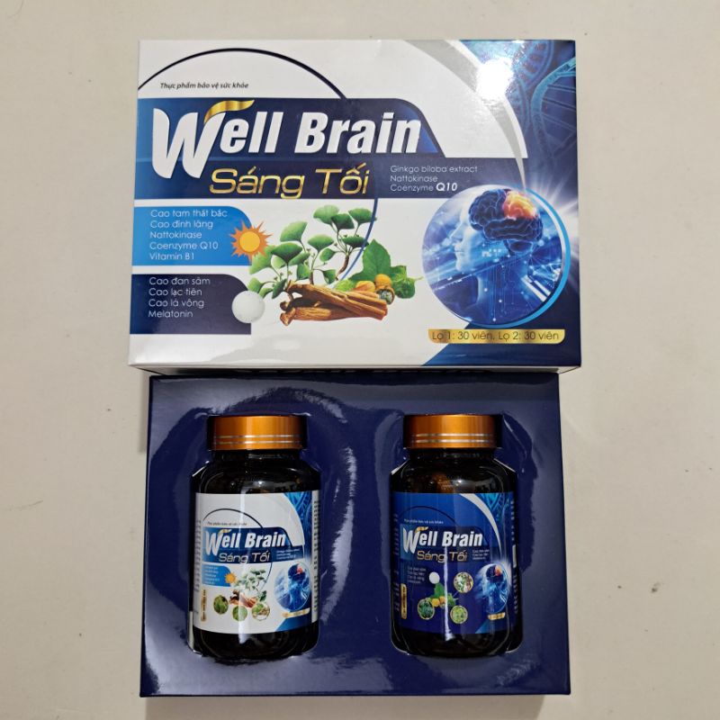 Viên uống bổ não WELL BRAIN Sáng Tối_Giúp tăng cường tuần hoàn máu não, dưỡng tâm, an thần_Hộp 2 lọ x 30 viên