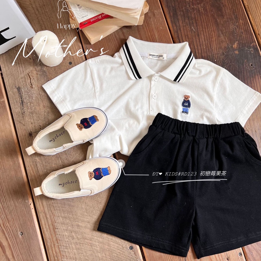 Đồng phục học sinh bé trai bé gái, sét áo polo kèm quần bé trai  bộ áo cổ bẻ gấu L.A cho bé trai, bé gái size 8-30kg