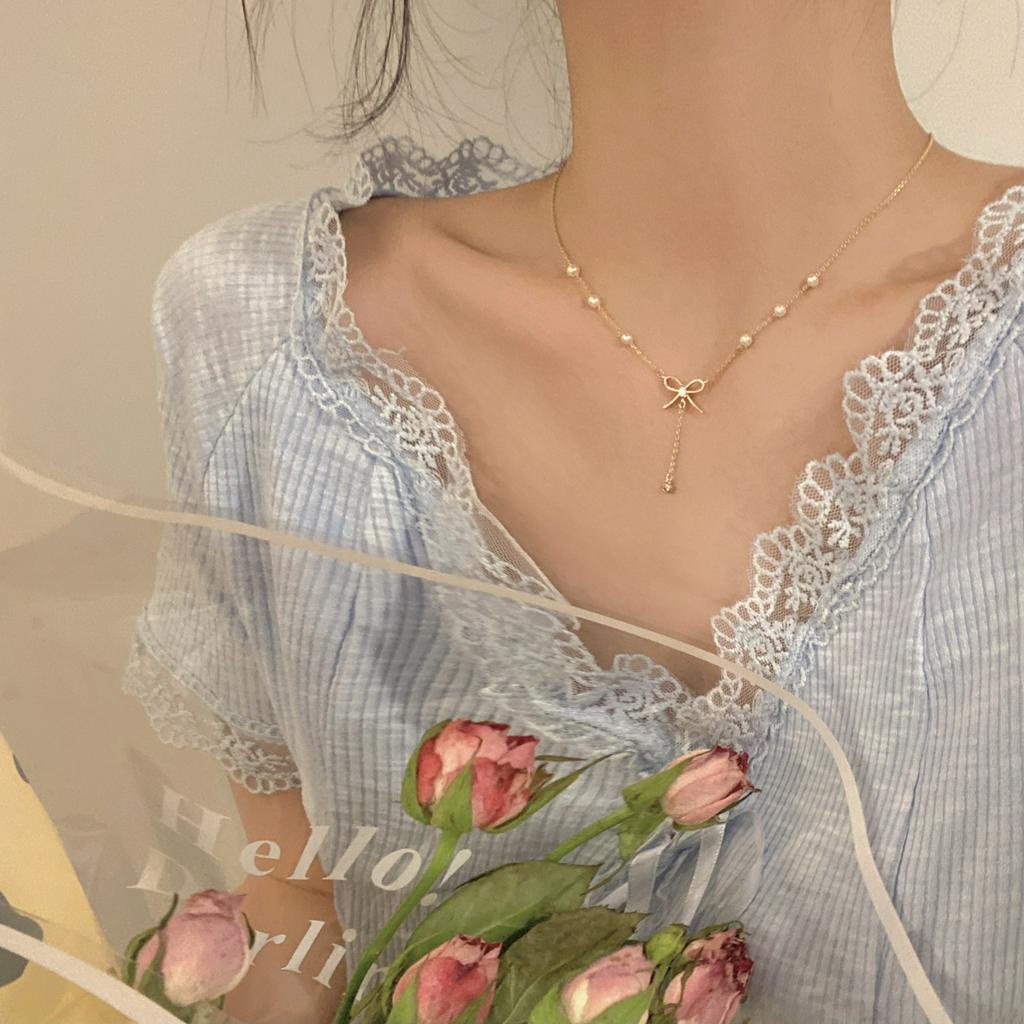 Dây Chuyền Kim Sắc Mặt Nơ Đính Hạt Dễ Thương Chơ Nữ Sinh A09