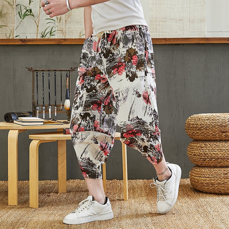 Quần Harem Cotton Lanh Ống Rộng Phong Cách Thời Trang Hàn Quốc Cho Nam Giới