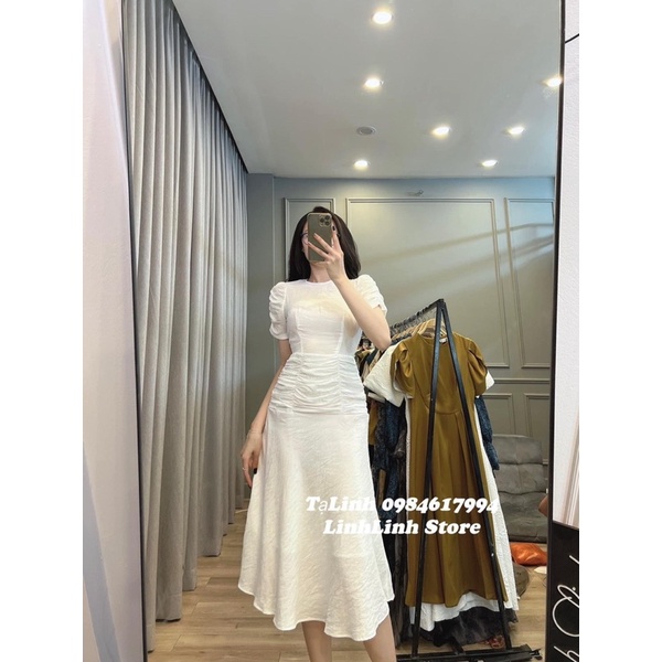 Váy rúm eo tay phồng cổ tròn xinh