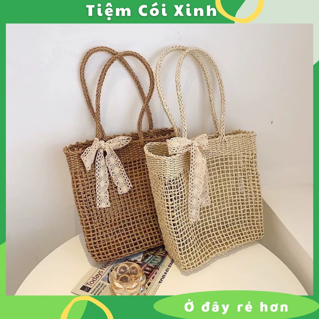 Túi Cói Tote Lưới Vuông Đan Thưa Không Lót Vải Đeo Vai Hàng Chuẩn Quảng Châu Xịn Tặng Nơ Ren Dễ Thương