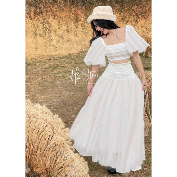 Sét bộ áo nhún chân váy maxi 5 màu đi biển du lịch