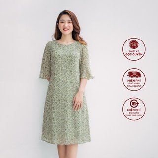 Đầm suông hoa nhí cổ tròn tay chuông màu xanh hoa nhí TTV986