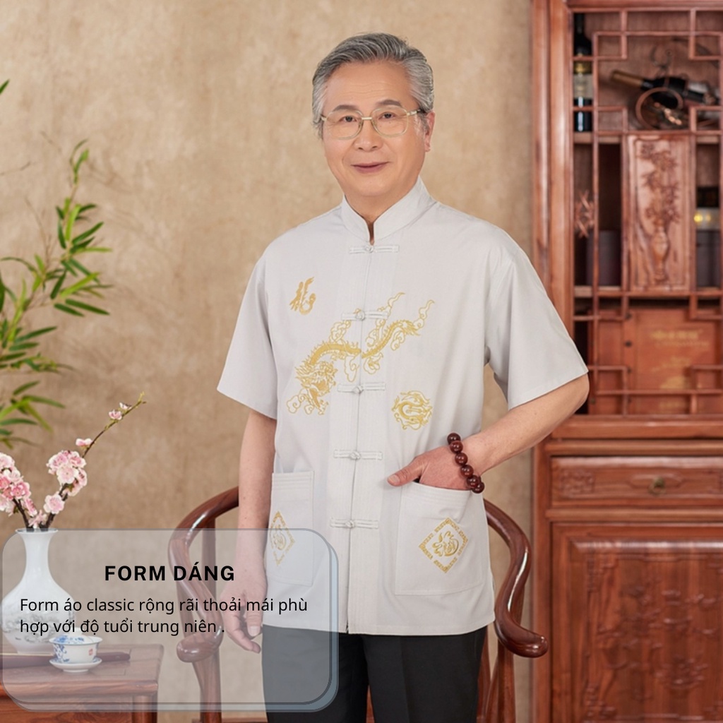 Áo sơ mi cổ trụ trung niên nam THÁI KHANG vải Đũi mịn thiêu rồng cao cấp form rộng thoải mái ADUI16