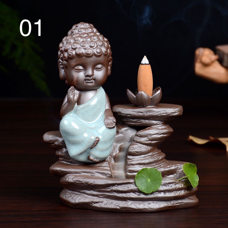 Thác khói trầm hương, đốt trầm tượng phật phong thuỷ cảnh hòn non bộ có đèn led