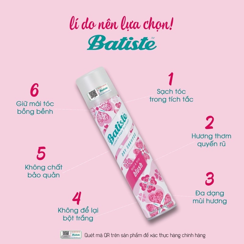 [BẢN ĐỨC] Dầu gội khô Batiste Dry Shampoo loại bỏ dầu thừa, làm sạch, giúp tóc bồng bềnh tức thì, 200ml