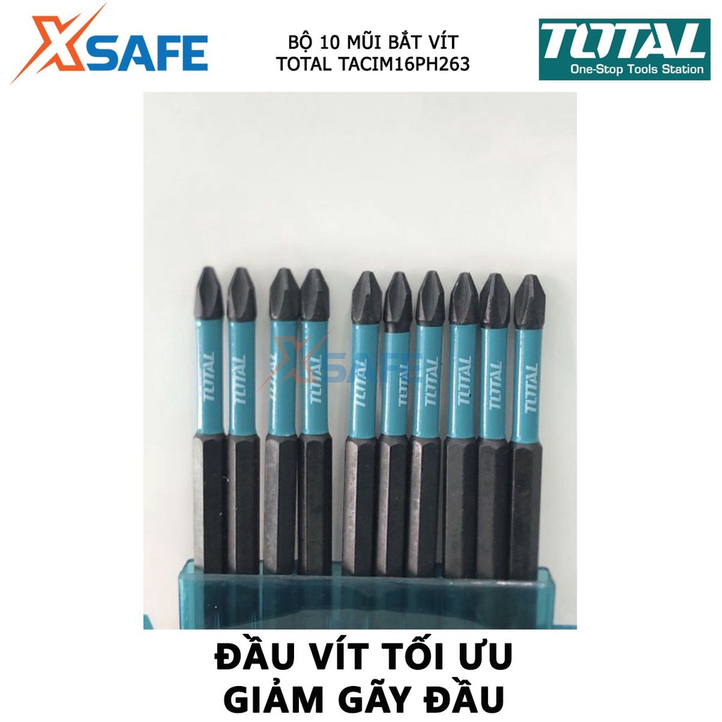 Bộ mũi bắt vít có từ TOTAL TACIM16PH263 | bộ 10 mũi siết vít PH2x150mm thép công nghiệp S2, bề mặt đen có nam châm