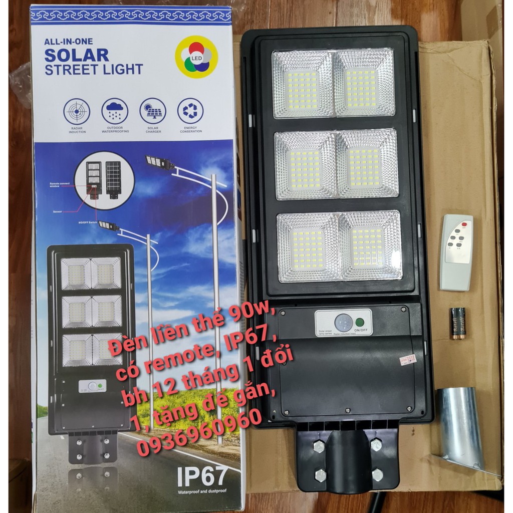 Có remote - Đèn Led năng lượng mặt trời 90w liền thể cảm biến siêu sáng - Tặng đế gắn đèn, bảo hành 12 tháng 1 đổi 1