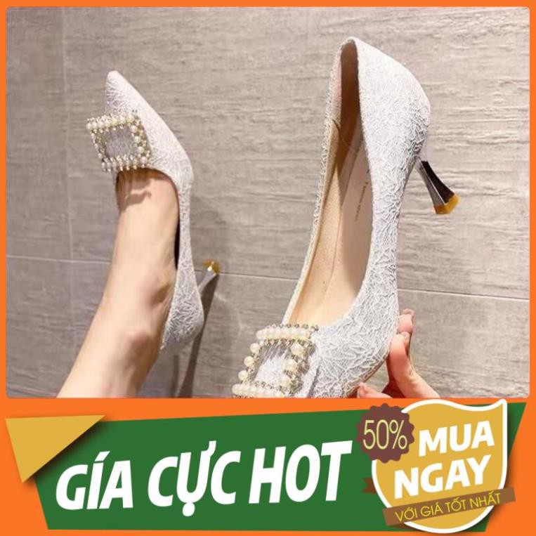 SIÊU BÈO SIÊU RẺ RẺ MẠT giày cao gót ren vân nổi đính logo vuông hạt đá gót kim loại