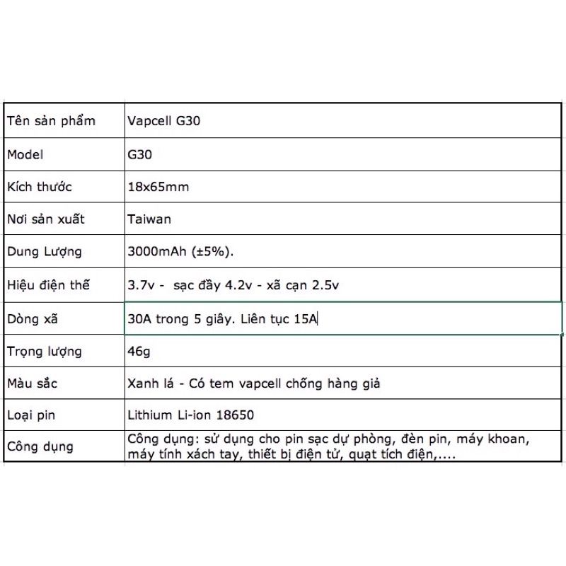 Pin sạc xả cao 18650 Vapcell G30 3000mAh mới 100%
