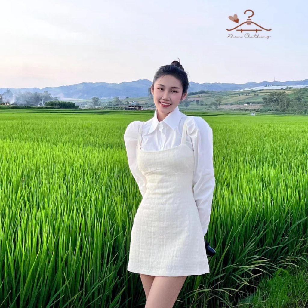 Set áo sơ mi trắng tay phồng + váy 2 dây trắng kem tiểu thư nhẹ nhàng, nữ tính