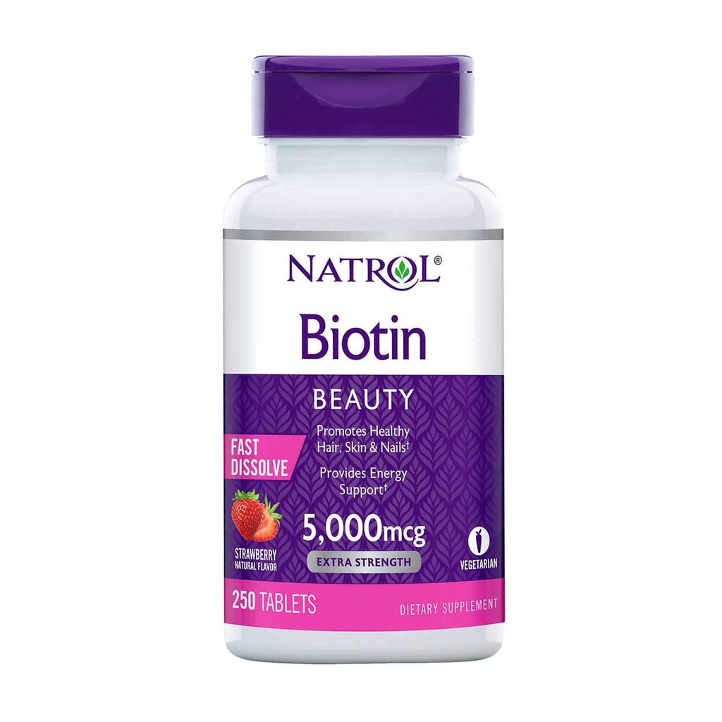 Viên nhai đẹp da tóc và móng Natrol Biotin Beauty 5000mcg 250 viên của Mỹ