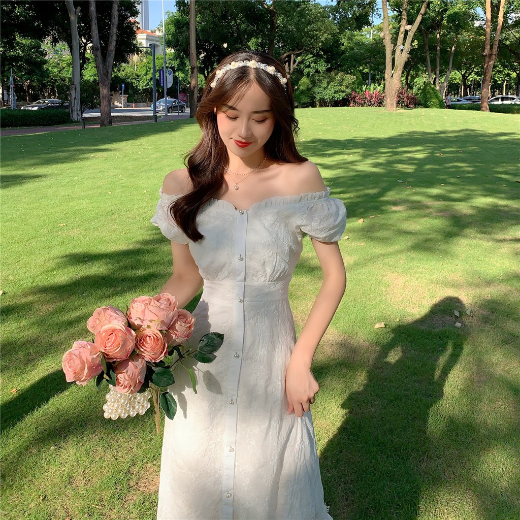 JANE'S  sẵn Đầm trễ vai trắng công chúa hoa nhí nổi Vintage trong sáng thuần khiết chất đẹp y hình J0088 feelback cuối | BigBuy360 - bigbuy360.vn