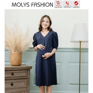 Đầm bầu công sở có khóa cho con bú, vắt sữa MOLYS M2251 dáng suông tay xếp ly bồng, vải đũi ánh trượt, có đai lưng dời