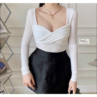 Áo thun nữ tay dài kiểu cổ vuông ngực xoắn lạ xinh chất borip đẹp LY4850