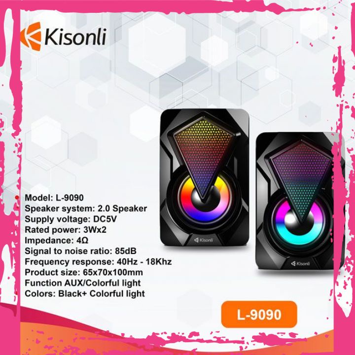 Loa Máy Tính Loa Mini Kisonli 2.0 L-9090 Để Bàn Nghe Nhạc, Chơi Game, Xem Phim Cực Đã LED RGB Tự Động
