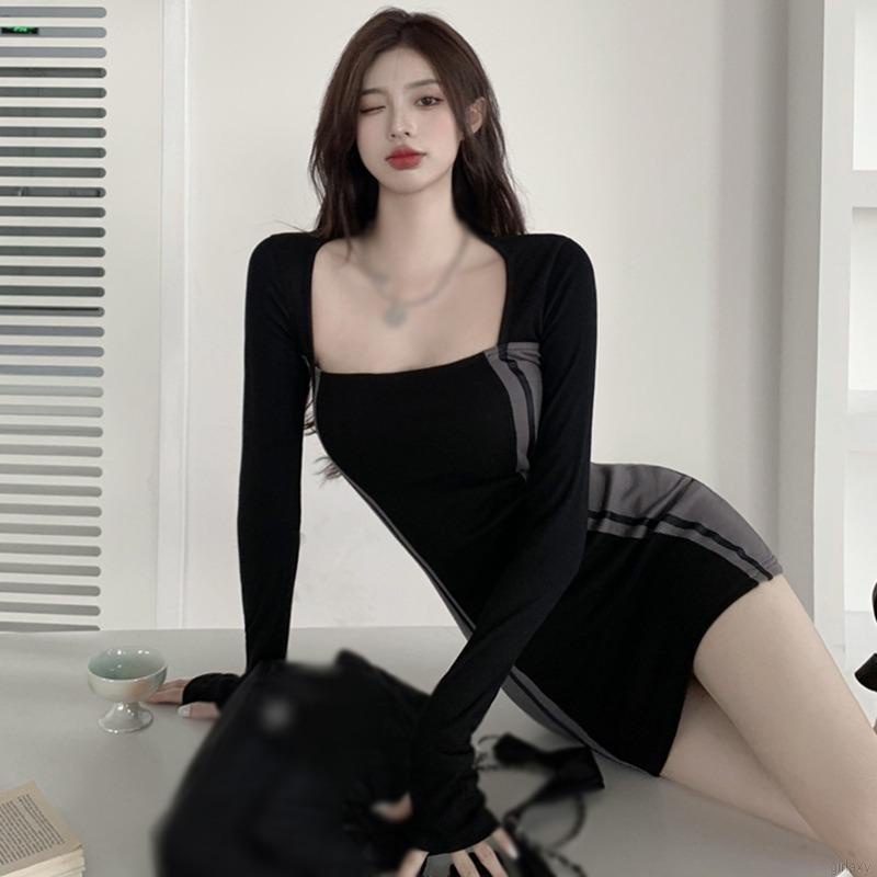 Đầm Body Tay Dài Cổ Vuông Phong Cách Hàn Quốc