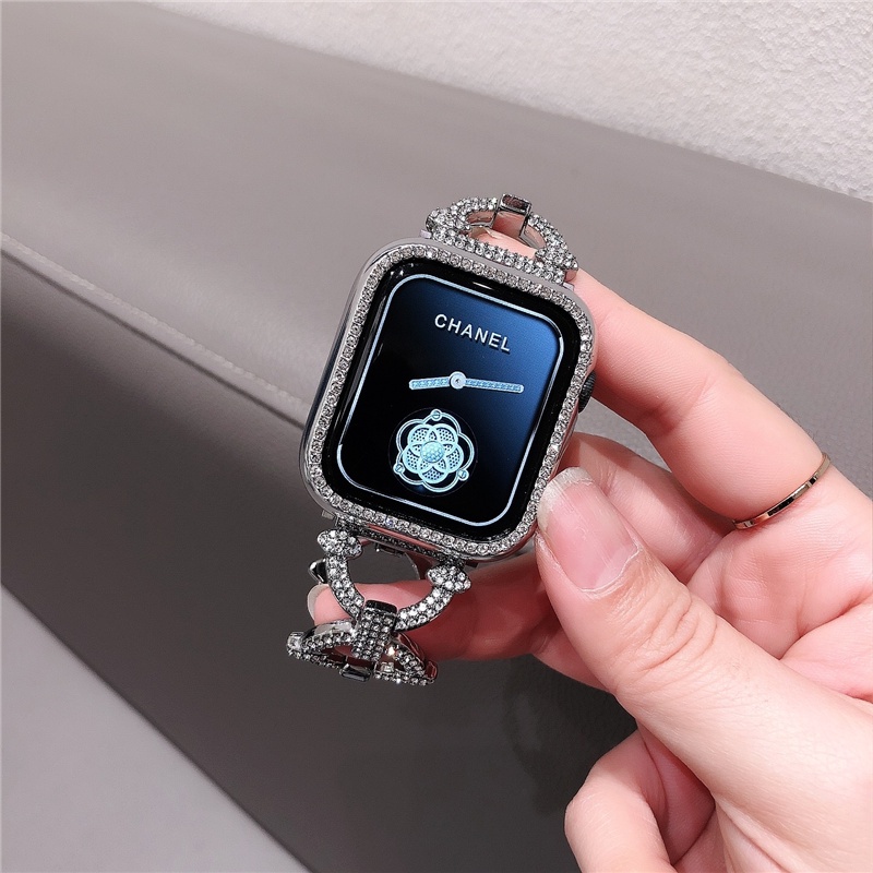 Sang Trọng Dây Đeo Đồng Hồ Bằng Kim Loại Đính Đá Hình Chữ O Cho iwatch 7 6 SE 5 4 3 2 1 / 41mm 45mm 38mm 40mm 42mm 44mm