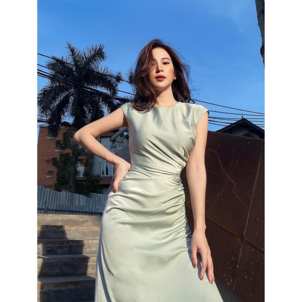 Đầm lụa dáng ôm midi rúm sườn tay hến - đầm thiết kế
