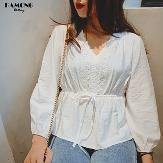 Áo kiểu phối ren rút eo KAMONG A052
