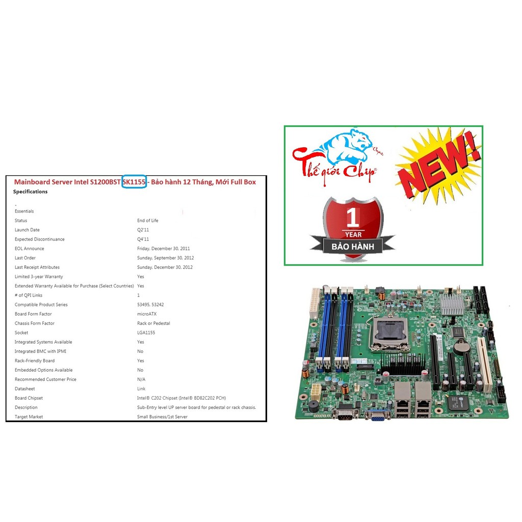 Bo Mạch Chủ (Mainboard) intel server S1200BTS-SK 1155 (CTY Box-1 Năm)