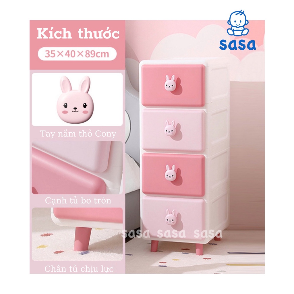 TỦ NHỰA NGĂN KÉO ĐỰNG QUẦN ÁO, BỈM SỮA CAYABE THỎ CONY HỒNG 3 TẦNG, 4 TẦNG VÀ 5 TẦNG