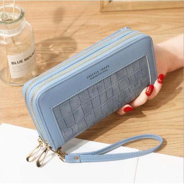 Ví nữ dài cầm tay hai khóa kéo VG12 họa tiết ô gạch vuông xinh xắn da mềm